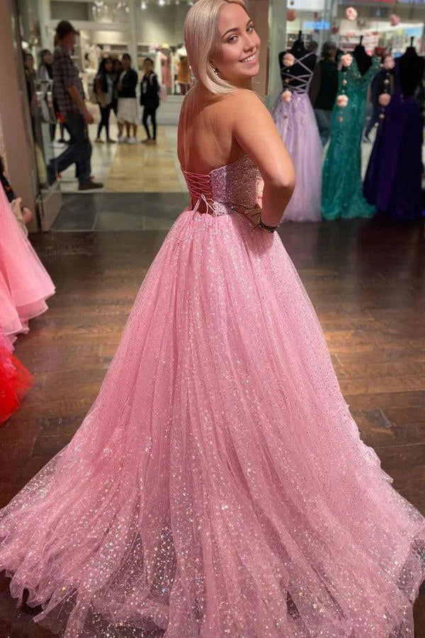 Vestido de fiesta largo de tul rosa claro, sin tirantes, brillante, hasta el suelo, corte A